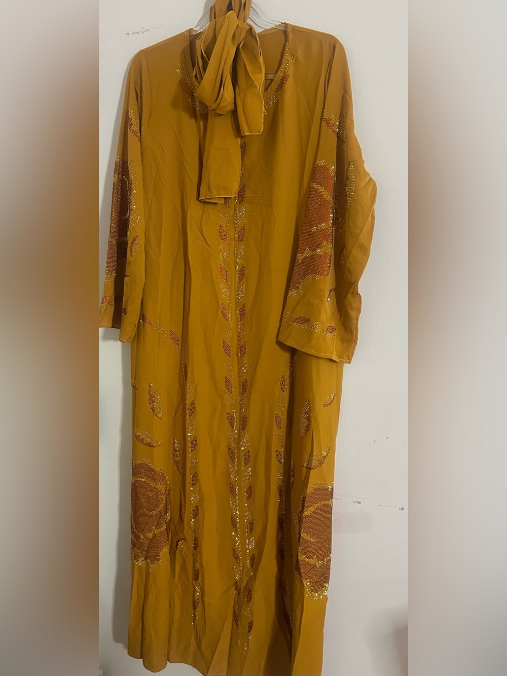 Mustard Embellished Long Women’s Dress with Neck Tie